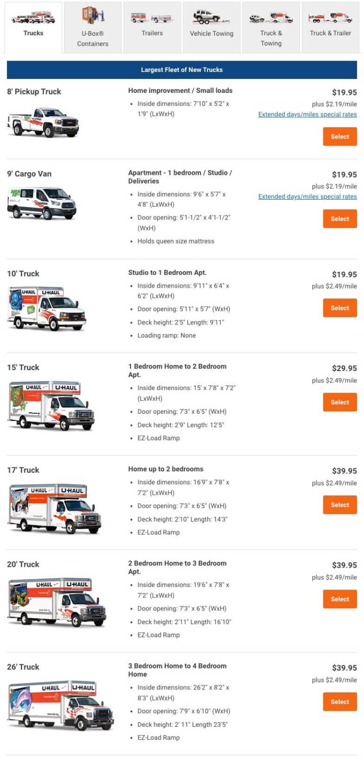 Uhaul Truck Rental Near Me Sizes and Prices For Your Needs